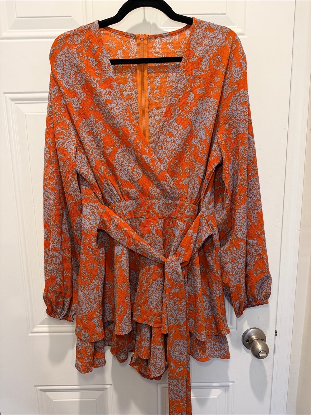Amazon Orange Floral Wrap Romper with Belt